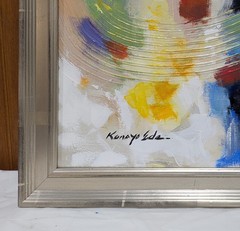 Original framed blue white red abstract acrylic painting on Canvas. 24in x 24in