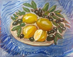 Expressionism 11×14 Blue White Canvas unframed OOAK signed art Lemons Olives