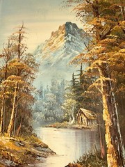 VTG G Whitman Trees Landscape Cabin Lake River Mountains Canvas 13.75”W 25.75”T