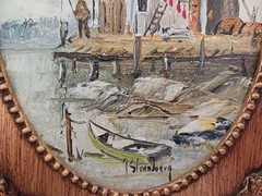 Original Painting Ocean Pier w Boats Fisherman Painted Gold Frame Strandberg Sea