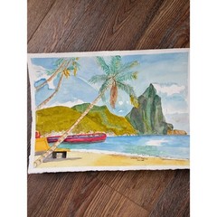 St Lucia Beachfront Palms Original Watercolor Painting 2021 Warren C Plauche