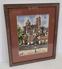 Vintage Spanish Colonial Style Cityscape Original Watercolor Painting Signed