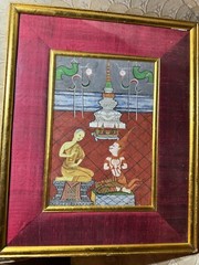 Antique Balinese? „Figures In A Shrine Scene“ Gouache Painting #1 – Framed