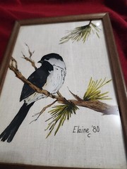 Elaine C ’80 Chickadee Reverse Painting On Glass Art Wood Frame 7-1/4″ X 10”