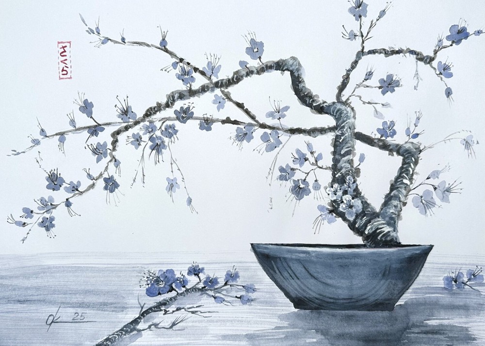 Original paintings Cherry Blossom bonsai oriental japanese chinese brush sumi-e