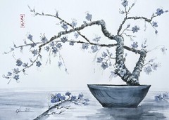 Original paintings Cherry Blossom bonsai oriental japanese chinese brush sumi-e
