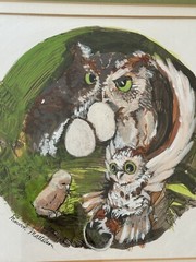 Painting OWL FAMILY by Marvin Mattelson, Frames And Matted 23”x 24.5”, Signed