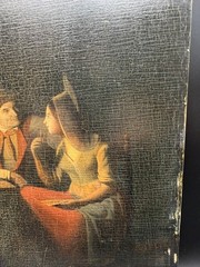 Antique Italian 19thC Oil Painting Tavern Scene Couple Candlelight on Panel