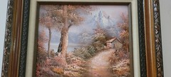 Framed Oil Painting fiber board 15″x13″ Landscape Cabin Forest signed C Inness