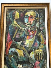 MID CENTURY PAINTING VINTAGE MODERNIST CUBIST CUBISM PORTRAIT BIRD PARROT MAN