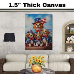 Beagle Mom and Pups in Patriotic Outfits Rustic July 4th Artwork