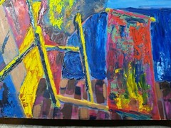 Vintage „An Abstract Scene“ Oil On Cardboard Painting