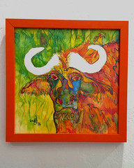Original Signed Water Buffalo Framed Art Piece, Colorful Folk Expressionist 2016