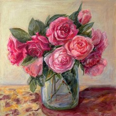 art 808 original acrylic12x12 in painting in Orange Still Life Flowers Roses