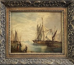 1800s Vintage ( Dutch School ) Antique Oil Painting On Panel Sailboat In Harbour