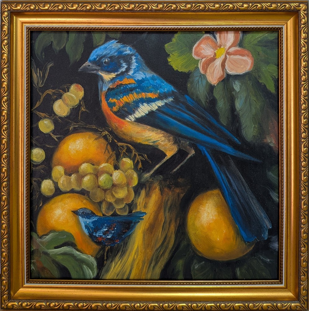 art 115 original oil painting framed Still life with bird 27,5×27,5 cm realizm