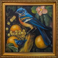 art 115 original oil painting framed Still life with bird 27,5×27,5 cm realizm