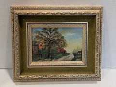 Vintage Framed Primitive Outsider Folk Art Farm Barn Landscape Oil Painting