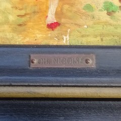Mid Century Charles Nicoise Oil Painting on Porcelain Tile Woman in Meadow 9.5