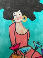 ACEO watercolor art by PJ, art card 2.5 x 3.5: lady among flowers
