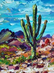 Original oil painting Arizona Cactus Saguaro artwork Landscape wall art 8*8 in