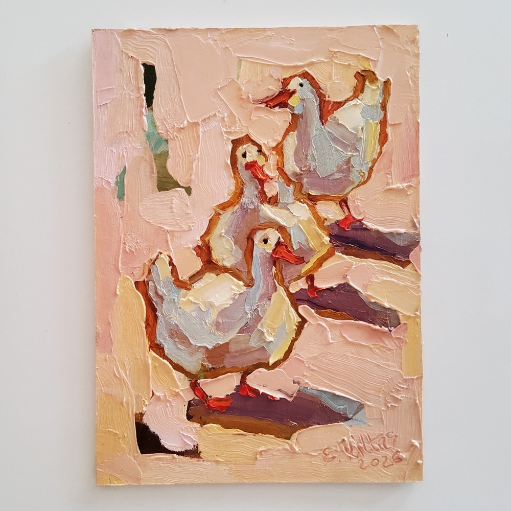 Ducks Gooses Painting Original Oil Artwork Semi Abstract Modern Small Wall Art