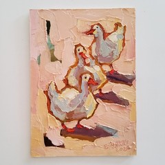 Ducks Gooses Painting Original Oil Artwork Semi Abstract Modern Small Wall Art