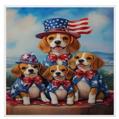 Beagle Mom and Pups in Patriotic Outfits Rustic July 4th Artwork