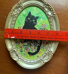 Original Ornate Framed Whimsical Painting Mini Black Cat Art 6×8” Signed Oval