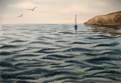 BOAT BIRDS SEA WAVES SKY Original Modern Art Painting Landscape Seascape Gift A5