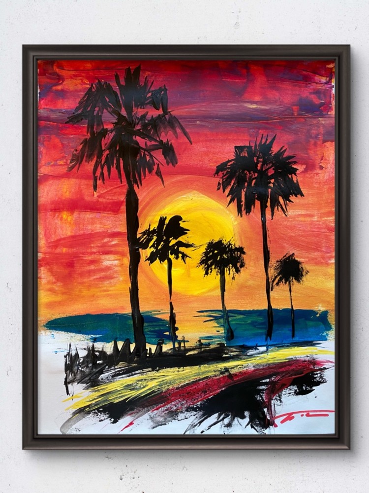 Southern California Sunset Palms Beach Abstract Acrylic Original Art 14×11 Paper