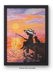 Original Folk Art Sunset Silhouette Girl Fishing Dog Acrylic 9×12” Canvas Panel