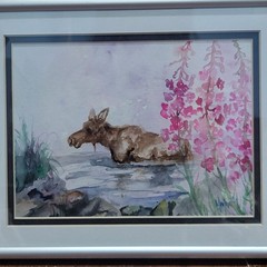 Watercolor Painting Art Print Moose in Water Pink Flower Signed MarLynk