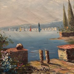 Vintage Mid 20th Century Italian Harbor Scene Gold Framed Oil on Canvas Signed