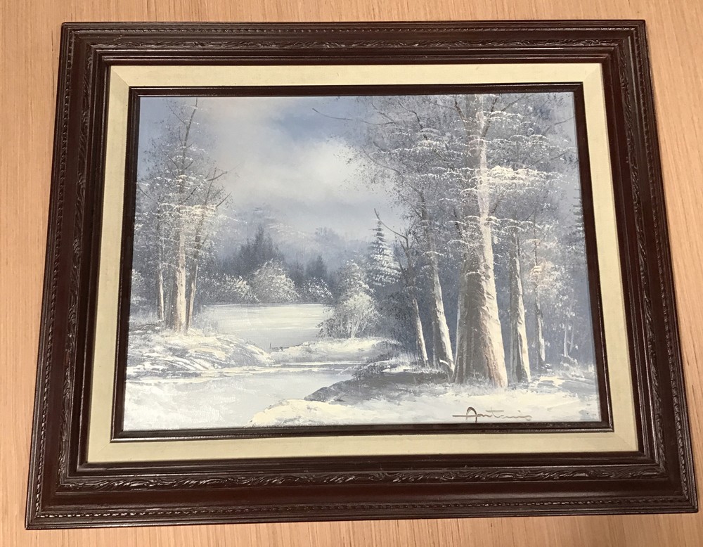 ANTONIO SNOW MOUNTAIN RIVER LANDSCAPE OIL ON CANVAS PAINTING 17×21” With Frame
