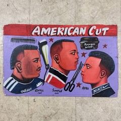 Hand Painted Barber Shop Sign Ghana African Folk Art Found Object Vtg Nike Hair