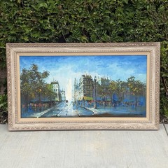 Vintage Mid Century Framed 60s Oil Painting by Reynolds Blue Cityscape Impasto