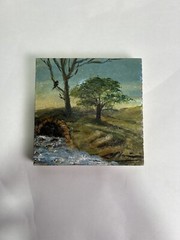 Oil on Wood Landscape Painting 14x14cm Nature Art Stream Green Original