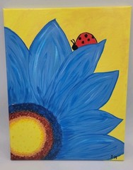 Acrylic Painting Blue Flower On Canvas with Lady Bug Signed by Artist Unframed