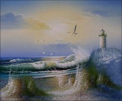 Framed Quality Hand Painted Oil Painting, Lighthouse with Seagulls 1, 8x10in
