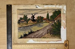 Primitive Pastoral Needlepoint Folk Art Windmill Landscape Antique