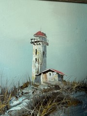 Pair Of Seaside Oil Paintings Light House Seagulls Beach Scenes 19 X 23, MCM VGC