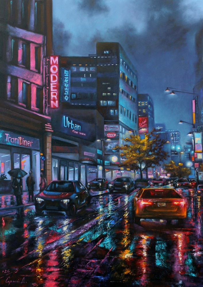 ORIGINAL OIL PAINTING CITYSCAPE AUTUMN JAZZ BY UKRAINIAN ARTIST SERY DMITRY
