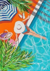Girl Painting Tropical Palm Original Wall Art Poolside Swim Figurative Summer