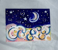 Abstract Moon & Stars Night Sky Clouds Painting on Canvas Panel, Unframed