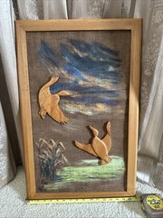 Wooden Mallard Ducks Flying Over Pond Framed Painting on Burlap Signed 26.5”x17”