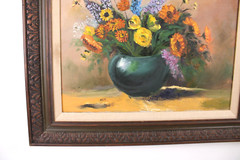 Vintage Bouquet of Flowers Still Life Oil Painting On Canvas Signed Meri