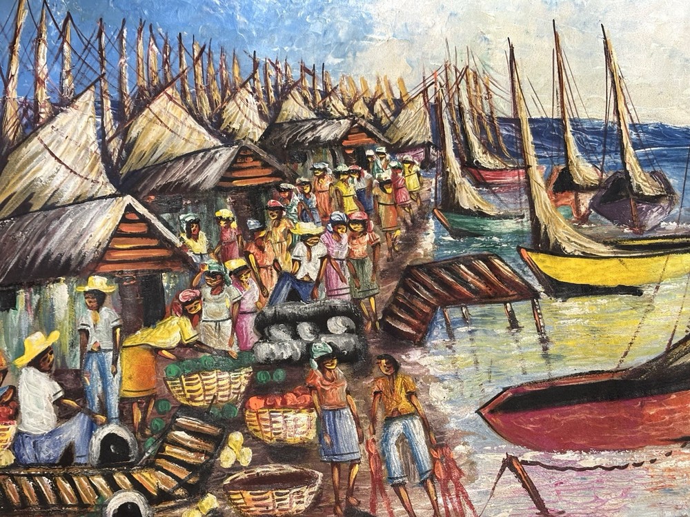 Vintage Original Haitian Folk Art Oil Painting On Canvas Market Scene Signed