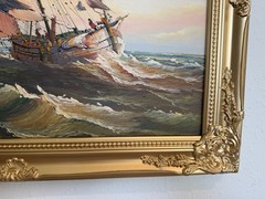 Original Oil Painting Sailing Boat Harbor Storm Seascape Nautical Art Framed