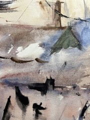 Little Town Landscape–Medium Size Watercolor–Charlotte Hoffman-Mid 20th C NY Art